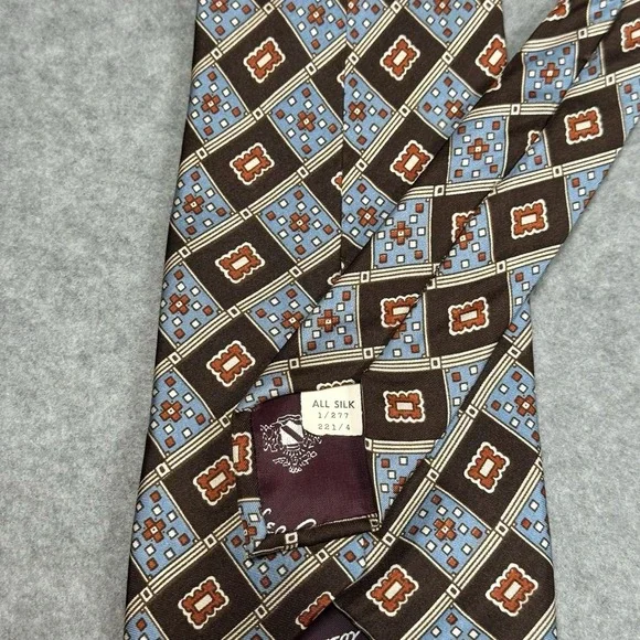 Oleg Cassini Silk Tie Brown Blue Geometric Foulard Classic Vintage - Picture 5 of 6